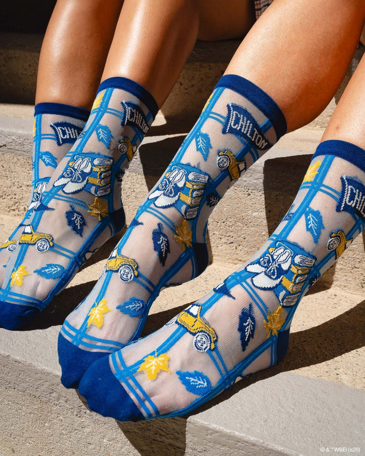A close up of Sock Candy Gilmore Girls Chilton plaid sheer crew socks featuring a school uniform crest motif.