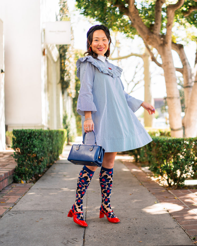 sock candy bold blue sheer knee high sock blue floral knee high fashion socks and heels