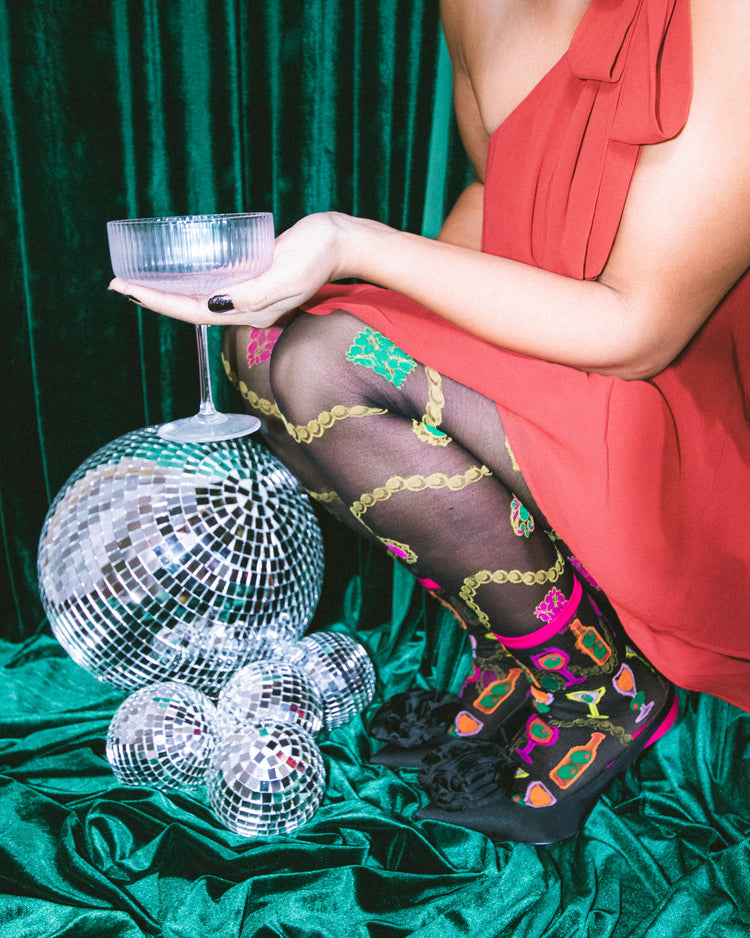 Sock candy cocktail hour black sheer socks wine and olives socks for women