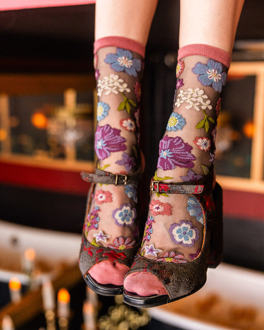 Sock Candy Dark florals black sheer socks fall floral boho socks