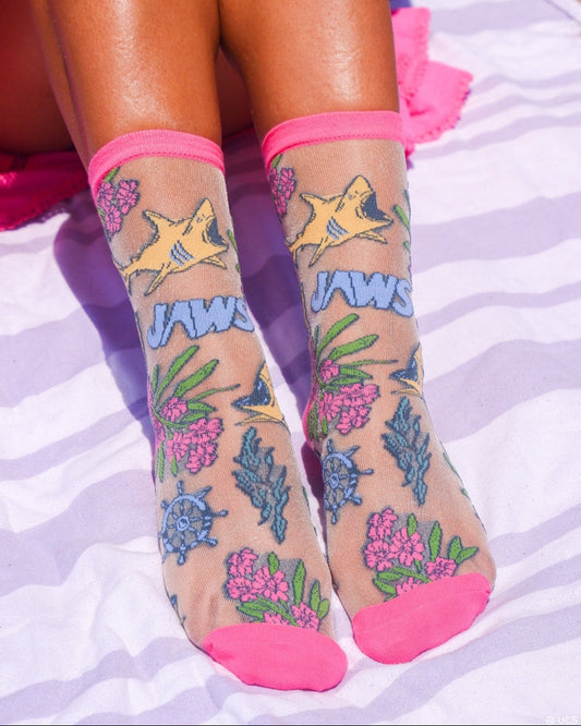 Sock Candy JAWS Aquatic Florals Shimmer Sheer Crew Sock Sheer Socks Fashion Socks Movie Socks JAWS Socks Universal Studios
