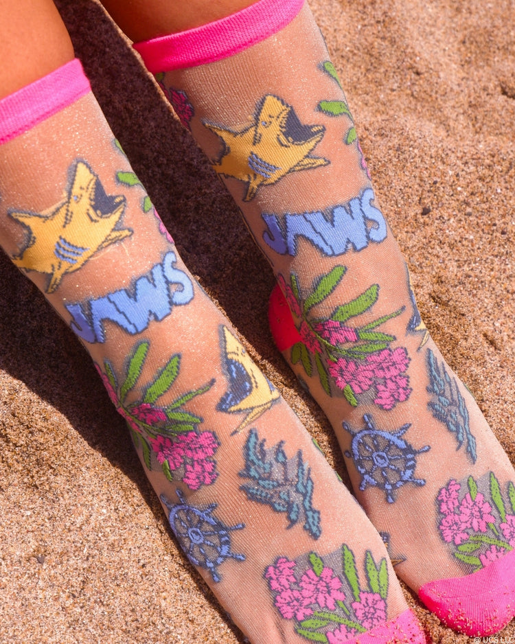 Sock Candy JAWS Aquatic Florals Shimmer Sheer Crew Sock Sheer Socks Fashion Socks Movie Socks JAWS Socks Universal Studios