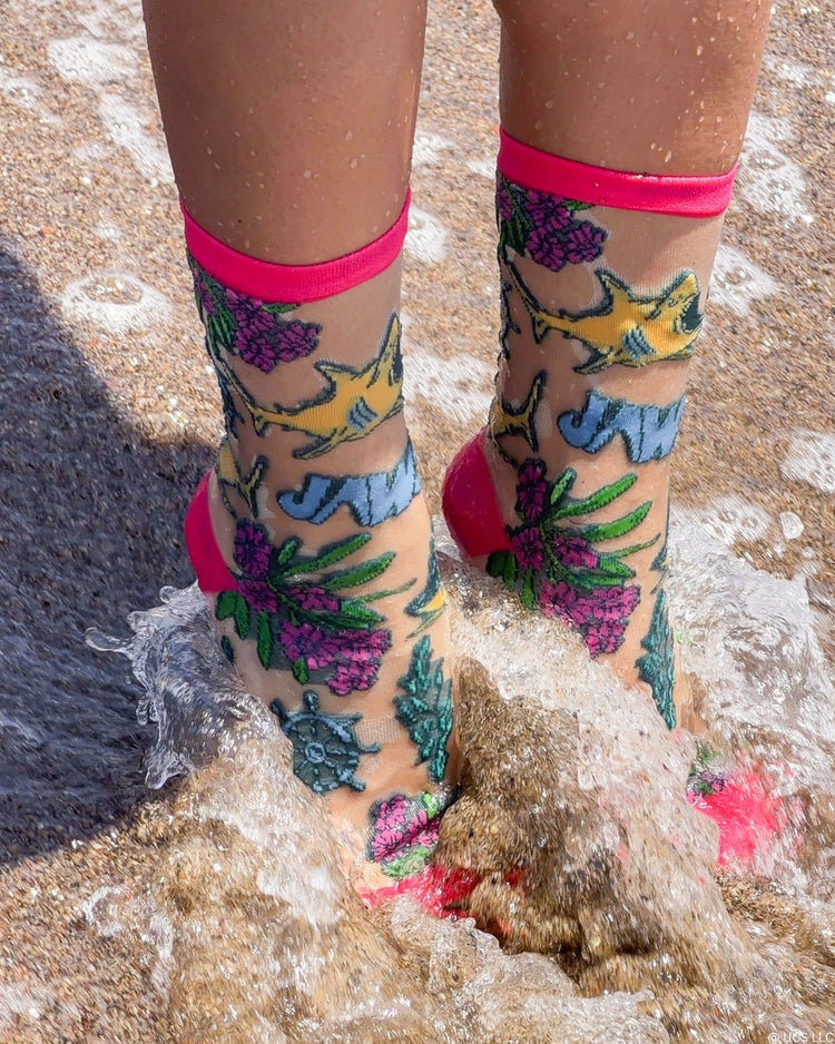 Sock Candy JAWS Aquatic Florals Shimmer Sheer Crew Sock Sheer Socks Fashion Socks Movie Socks JAWS Socks Universal Studios