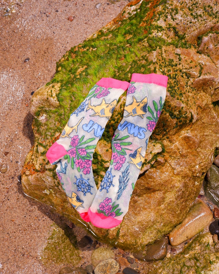 Sock Candy JAWS Aquatic Florals Shimmer Sheer Crew Sock Sheer Socks Fashion Socks Movie Socks JAWS Socks Universal Studios
