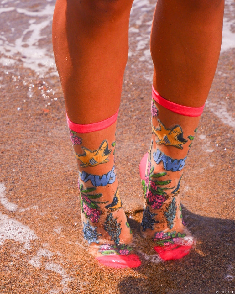 Sock Candy JAWS Aquatic Florals Shimmer Sheer Crew Sock Sheer Socks Fashion Socks Movie Socks JAWS Socks Universal Studios