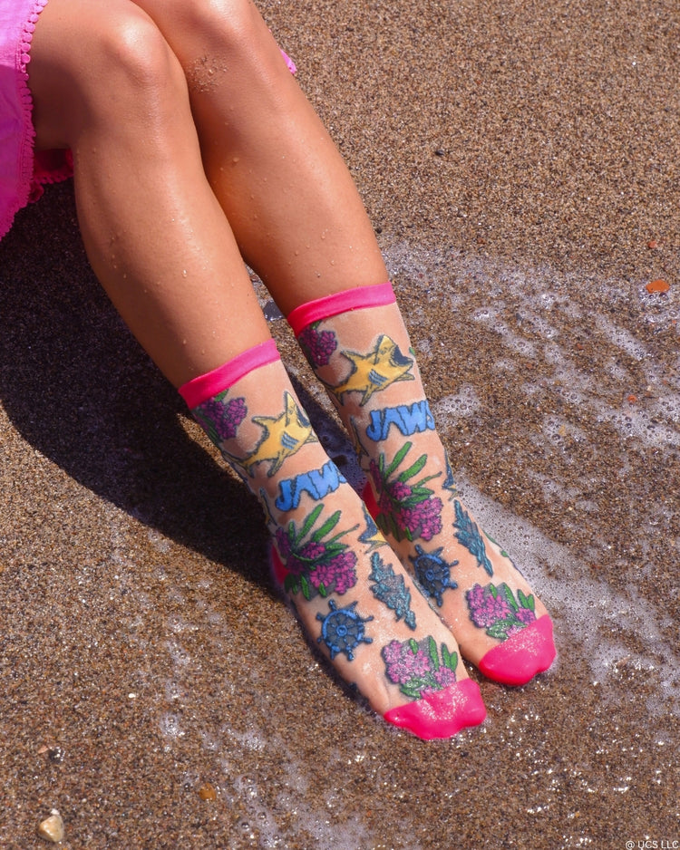 Sock Candy JAWS Aquatic Florals Shimmer Sheer Crew Sock Sheer Socks Fashion Socks Movie Socks JAWS Socks Universal Studios