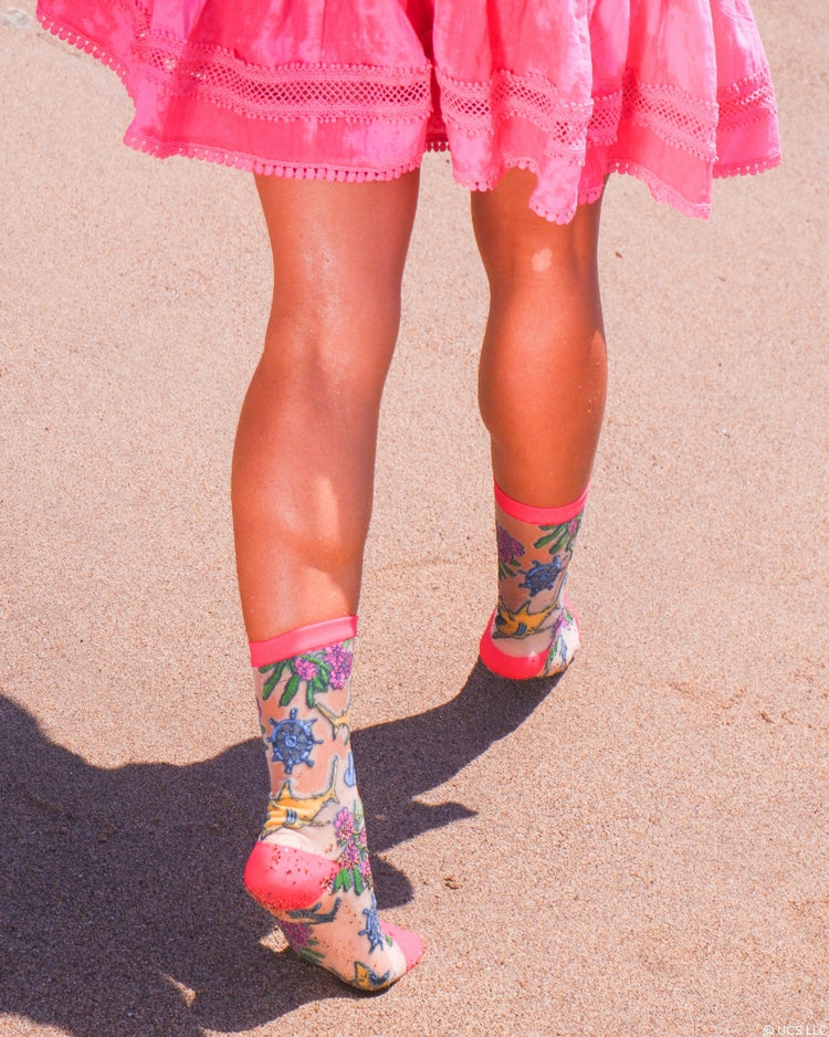 Sock Candy JAWS Aquatic Florals Shimmer Sheer Crew Sock Sheer Socks Fashion Socks Movie Socks JAWS Socks Universal Studios