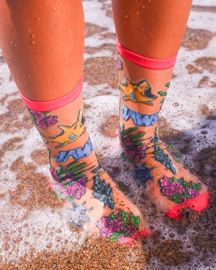 Sock Candy JAWS Aquatic Florals Shimmer Sheer Crew Sock Sheer Socks Fashion Socks Movie Socks JAWS Socks Universal Studios
