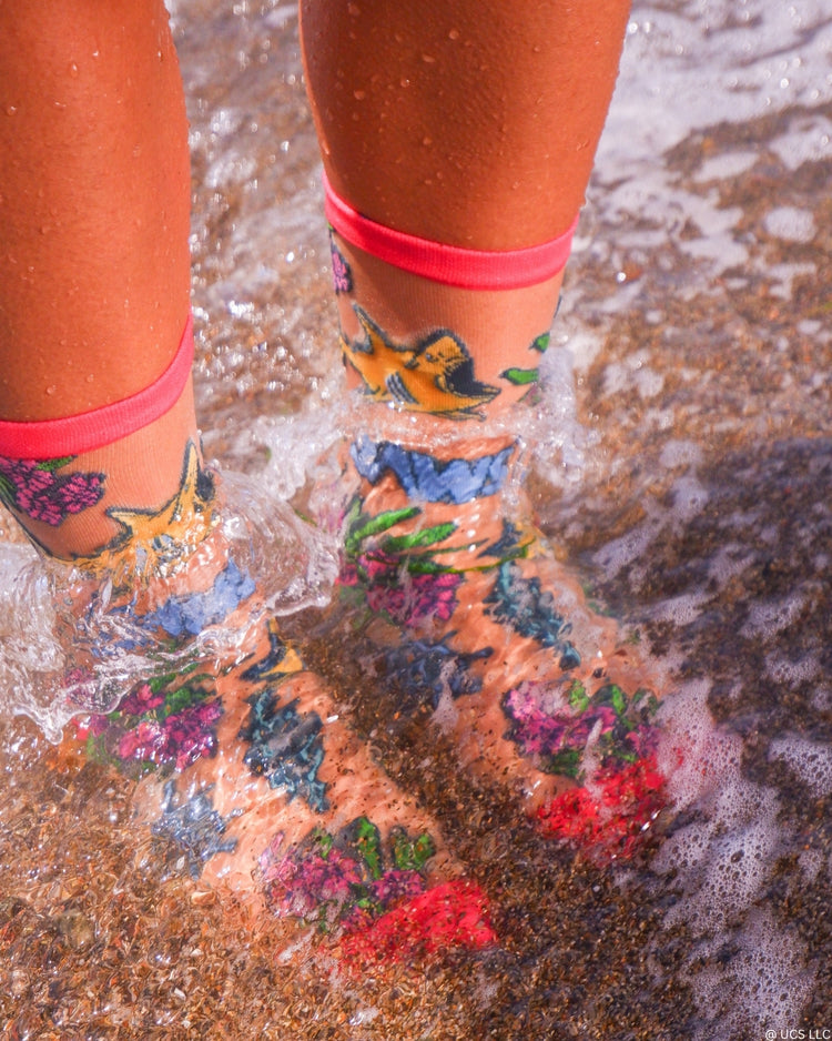 Sock Candy JAWS Aquatic Florals Shimmer Sheer Crew Sock Sheer Socks Fashion Socks Movie Socks JAWS Socks Universal Studios