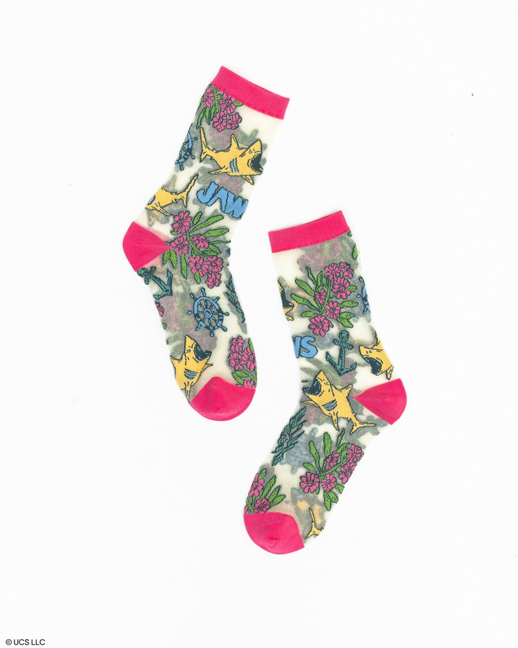Sock Candy JAWS Aquatic Florals Shimmer Sheer Crew Sock Sheer Socks Fashion Socks Movie Socks JAWS Socks Universal Studios