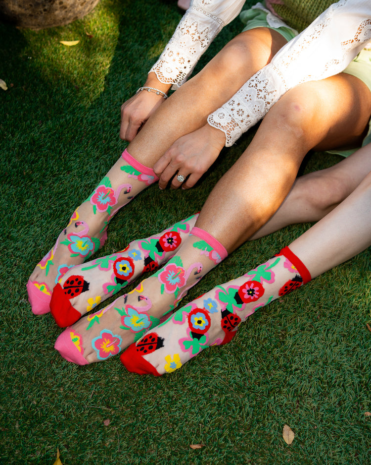 Sock Candy Ladybug & Flamingo Sheer Socks Bundle Flamingo Floral socks Lucky Ladybug socks sheer socks fashion socks cute socks whimsical socks 