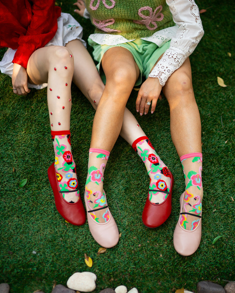 Sock Candy Ladybug & Flamingo Sheer Socks Bundle Flamingo Floral socks Lucky Ladybug socks sheer socks fashion socks cute socks whimsical socks socks with flats
