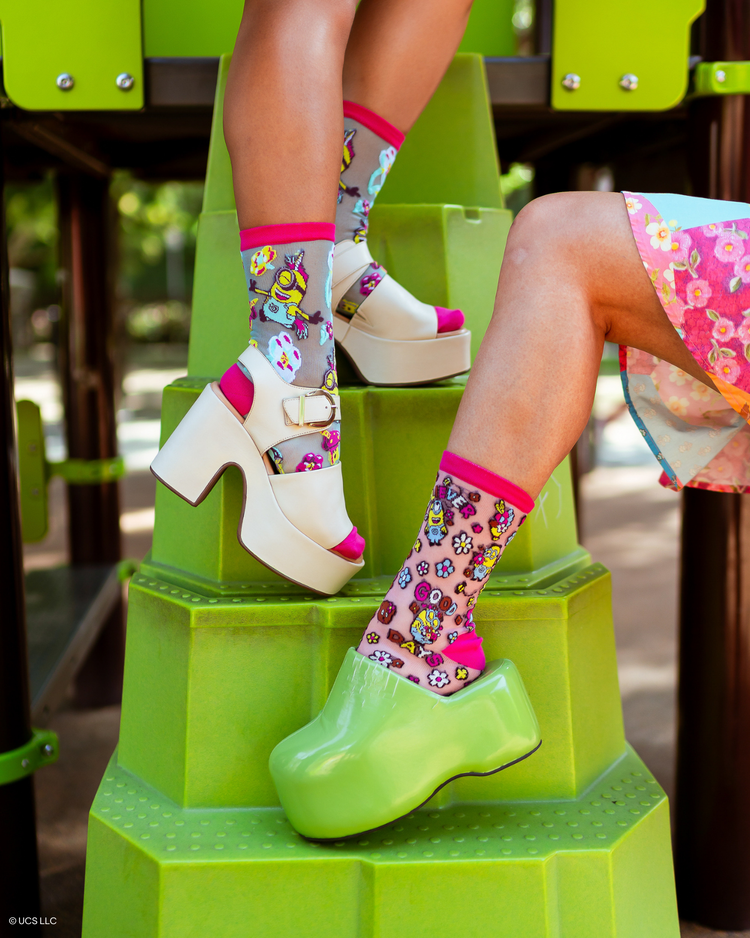 Sock Candy Minions Floral Shimmer Sheer Socks Bundle Sheer socks Fashion socks Whimsical socks Minions socks Socks with heels