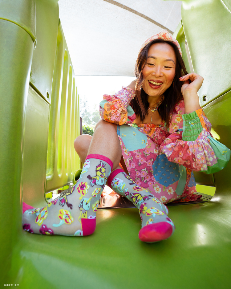 Sock Candy Minions Fluffy Dreams Shimmer Sheer Crew Sock Sheer socks Fashion socks Whimsical socks Minions socks