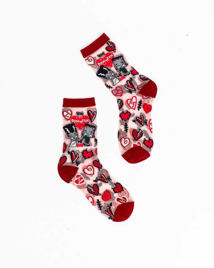 Sock Candy universal monsters you brighten my day shimmer sheer sock valentine's day sock cute valentine socks