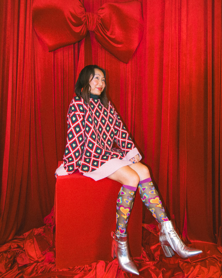 Sock Candy Y2K Hearts black sheer knee high socks and heels