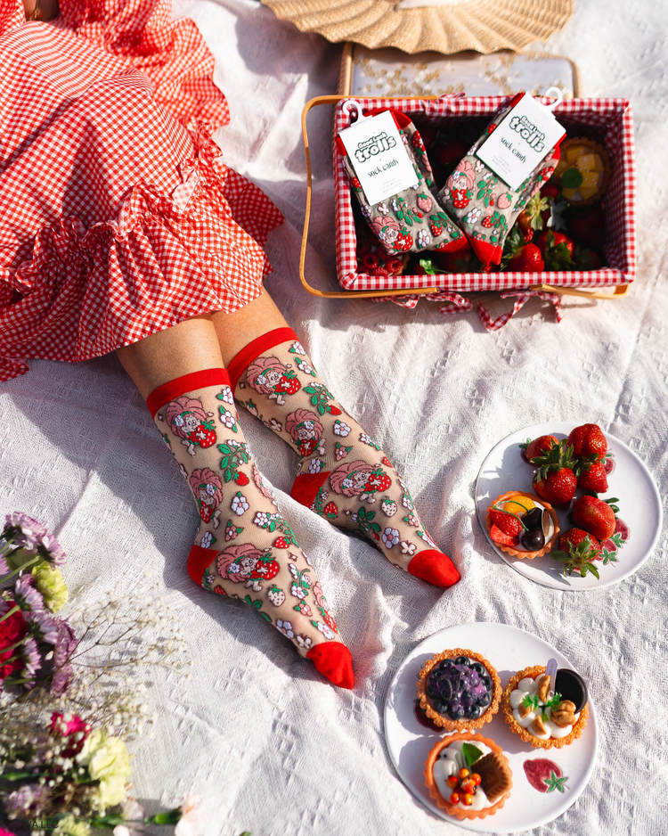 Sock Candy Good Luck Trolls Berry Lucky Shimmer Sheer Crew Sock Sheer Socks Fashion Socks Cute Socks Strawberry Socks Trolls Socks Whimsical Socks Cartoon Socks