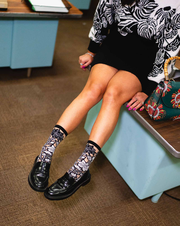 Sock Candy Black and White Florals Sheer Crew Sock Sheer Socks Fashion Socks Floral Socks Black and White Socks socks with loafers