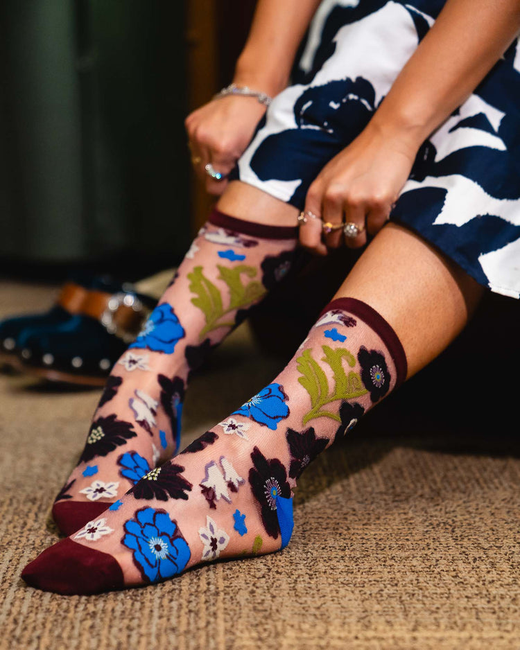 Sock Candy Electric Dusk Floral Shimmer Sheer Crew Sock Sheer Socks Fashion Socks Floral Socks Cute Socks Fall Florals