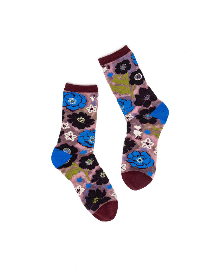 Sock Candy Electric Dusk Floral Shimmer Sheer Crew Sock Sheer Socks Fashion Socks Floral Socks Fall Florals Cute Socks