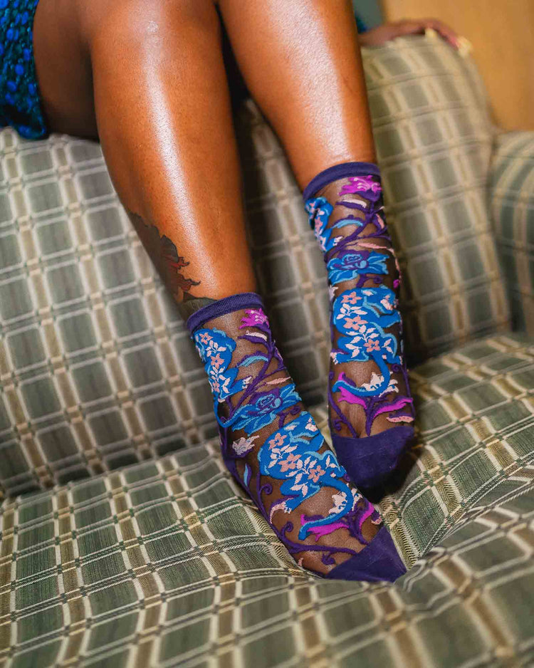 Sock Candy Nightshade Jaguar Black Sheer Crew Sock Sheer Socks Fashion Socks Gothic Floral Socks Jaguar Socks  Fall Florals