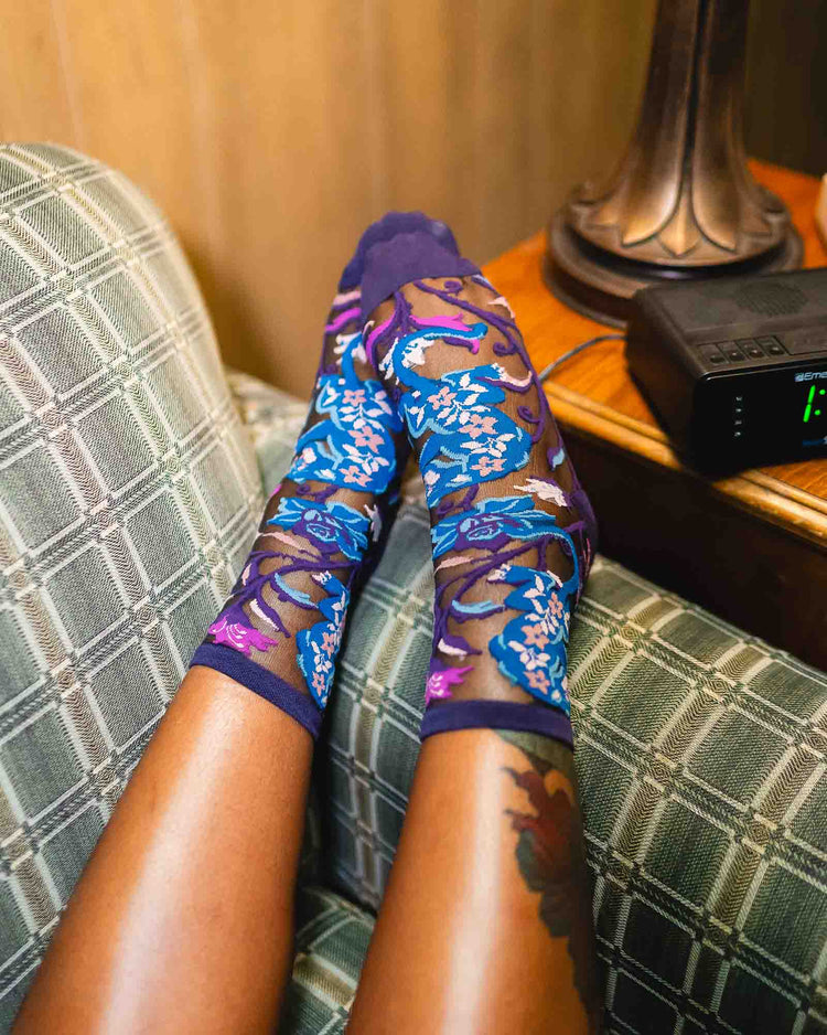Sock Candy Nightshade Jaguar Black Sheer Crew Sock Sheer Socks Fashion Socks Gothic Floral Socks Jaguar Socks Fall Florals 