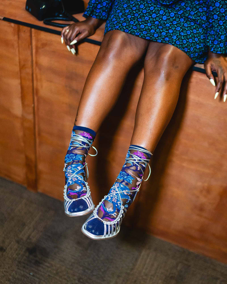 Sock Candy Nightshade Jaguar Black Sheer Crew Sock Sheer Socks Fashion Socks Gothic Floral Socks Jaguar Socks Fall Florals socks with heels