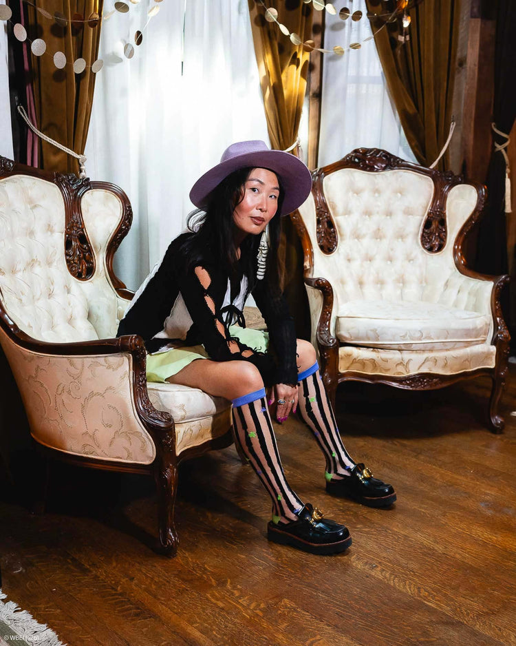 Sock Candy Beetlejuice™ Striped Knee High Sheer Sock Sheer Knee Highs Fashion Socks Striped Knee Highs Beetlejuice Socks Beetlejuice Knee Highs Halloween Socks