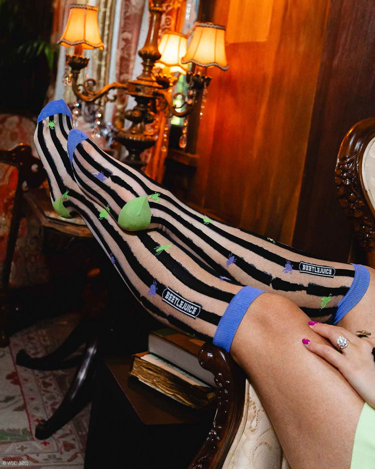 Sock Candy Beetlejuice™ Striped Knee High Sheer Sock Sheer Knee Highs Fashion Socks Striped Knee Highs Beetlejuice Socks Beetlejuice Knee Highs Halloween Socks