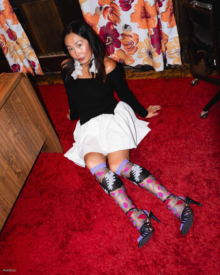 Sock Candy Bride of Frankenstein Black Sheer Knee High Sock Sheer Socks Fashion Socks Halloween Socks Cute Knee Highs Bride of Frankenstein Socks Halloween Knee Highs Gothic Wedding Socks socks with heels