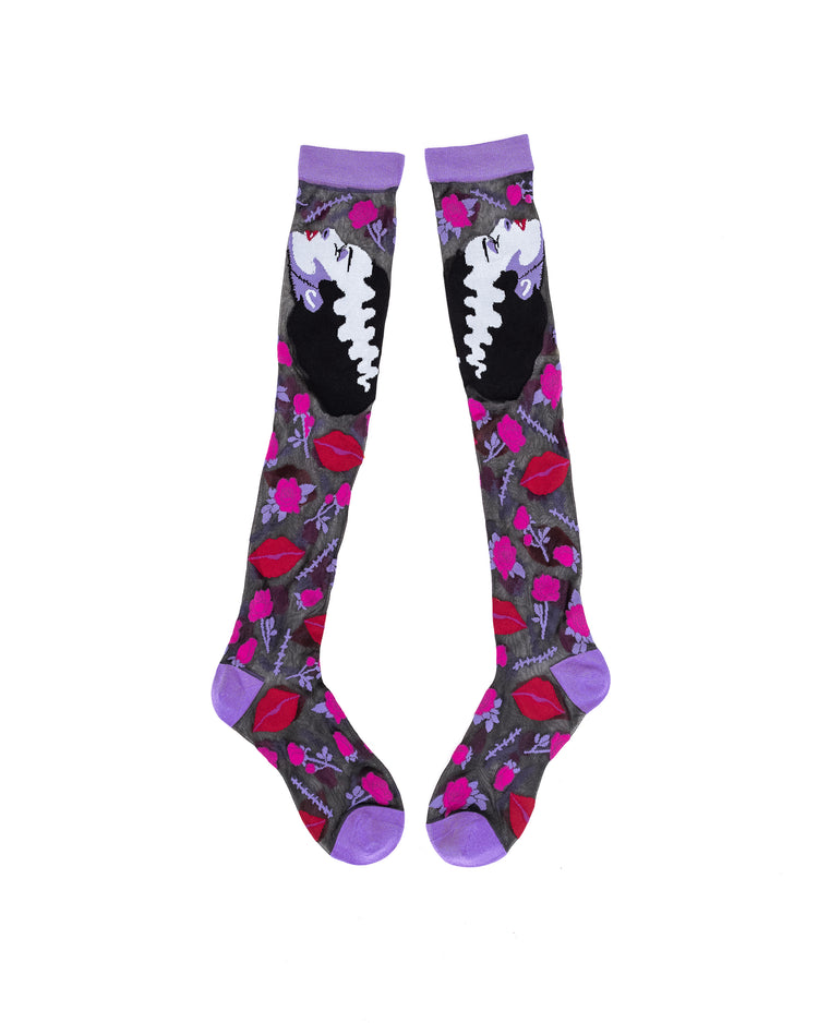 Sock Candy Bride of Frankenstein Black Sheer Knee High Sock Sheer Socks Fashion Socks Halloween Socks Cute Knee Highs Bride of Frankenstein Socks Halloween Knee Highs Gothic Wedding Socks