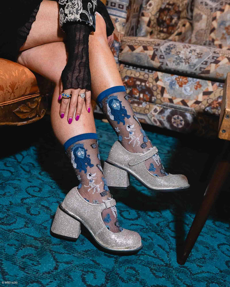 Sock Candy Corpse Bride Shimmer Sheer Crew Sock Sheer Socks Fashion Socks Halloween Socks Gothic Socks Romantic Socks Corpse Bride Socks Cute Socks Tim Burton Socks socks with heels