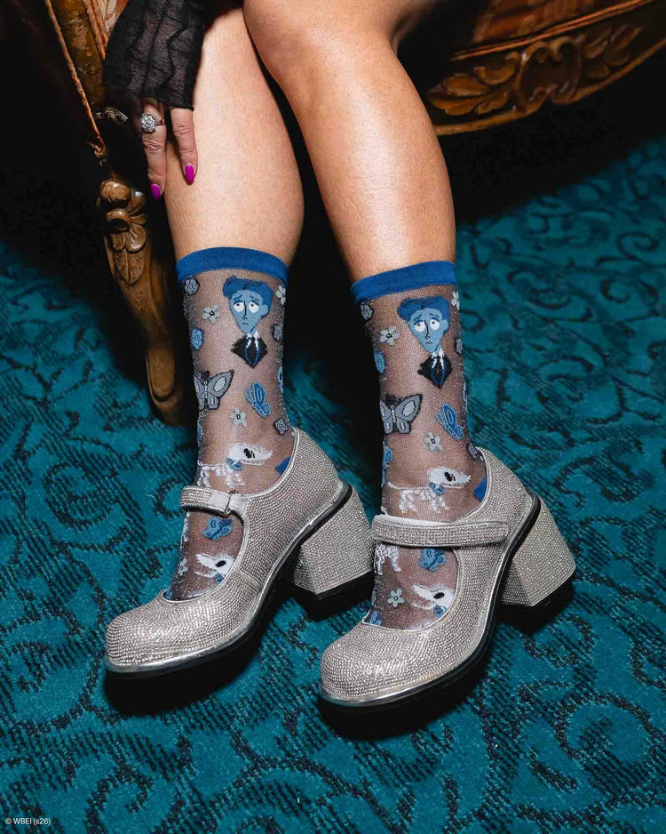 Sock Candy Corpse Bride Shimmer Sheer Crew Sock Sheer Socks Fashion Socks Halloween Socks Gothic Socks Romantic Socks Corpse Bride Socks Cute Socks Tim Burton Socks socks with heels