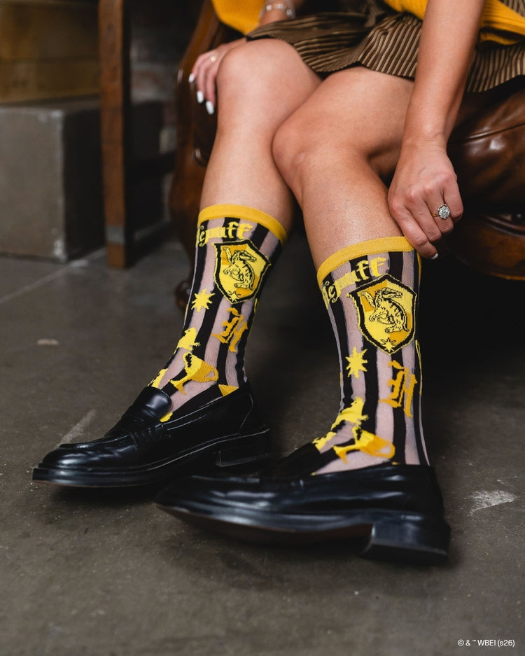 Sock Candy Harry Potter Hufflepuff Shimmer Sheer Mid High Sock Sheer Socks Fashion Socks Harry Potter Socks Hufflepuff Socks Movie Socks socks with loafers