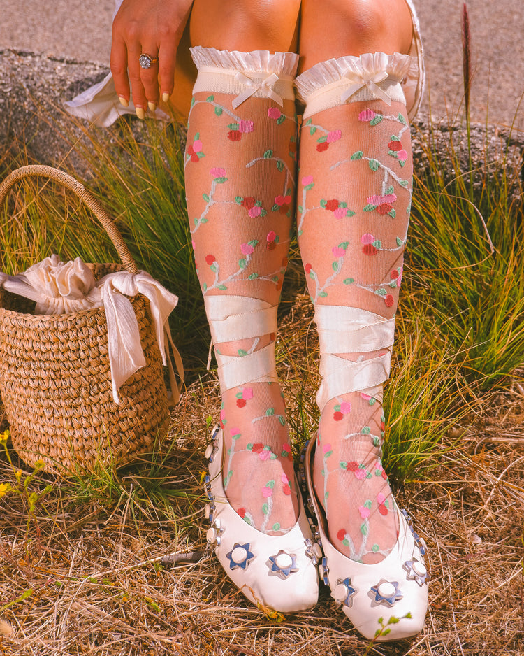 Sock Candy Sheer Rosettes Ruffle Bow Knee High Sock Sheer Knee Highs Fashion Knee Highs Floral Knee Highs Wedding Knee Highs Wedding Socks Wedding Fashion