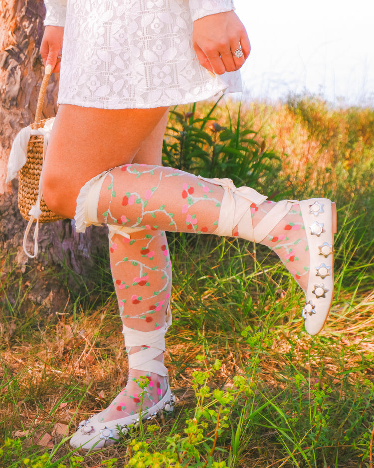 Sock Candy Sheer Rosettes Ruffle Bow Knee High Sock Sheer Knee Highs Fashion Knee Highs Floral Knee Highs Wedding Knee Highs Wedding Socks Wedding Fashion