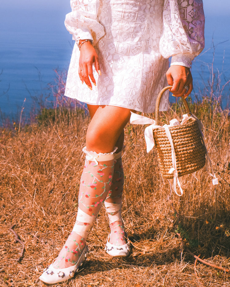 Sock Candy Sheer Rosettes Ruffle Bow Knee High Sock Sheer Knee Highs Fashion Knee Highs Floral Knee Highs Wedding Knee Highs Wedding Socks Wedding Fashion