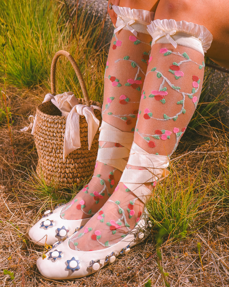 Sock Candy Sheer Rosettes Ruffle Bow Knee High Sock Sheer Knee Highs Fashion Knee Highs Floral Knee Highs Wedding Knee Highs Wedding Socks Wedding Fashion