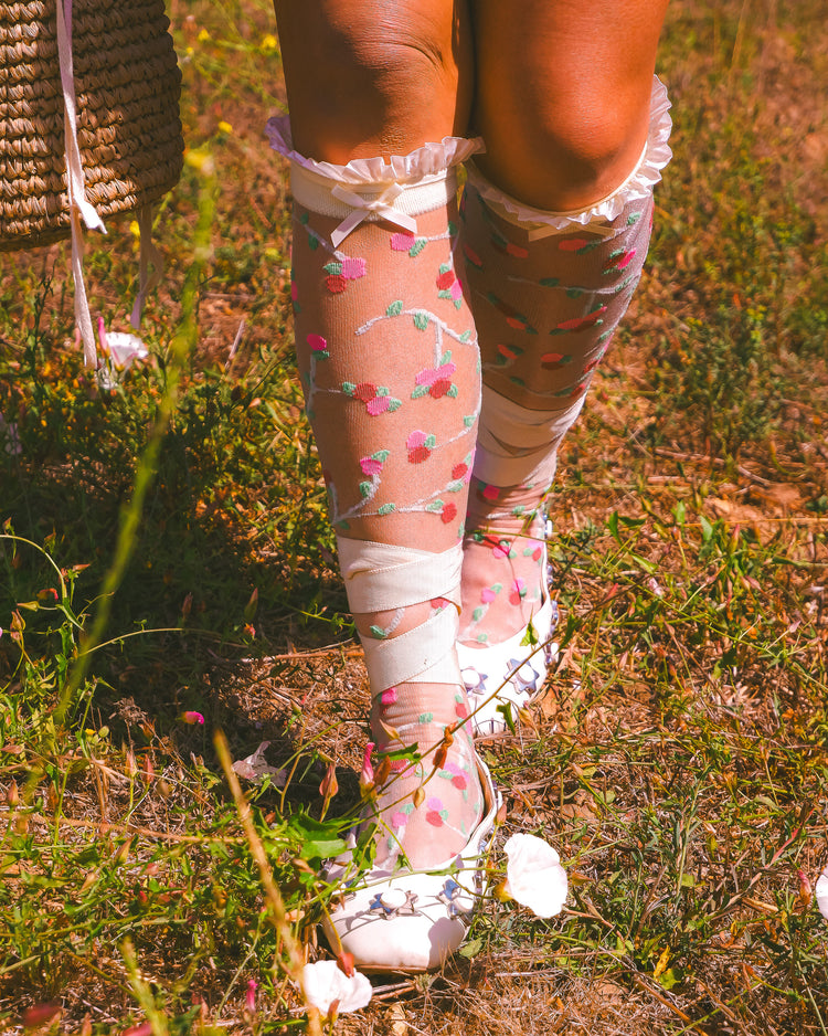 Sock Candy Sheer Rosettes Ruffle Bow Knee High Sock Sheer Knee Highs Fashion Knee Highs Floral Knee Highs Wedding Knee Highs Wedding Socks Wedding Fashion