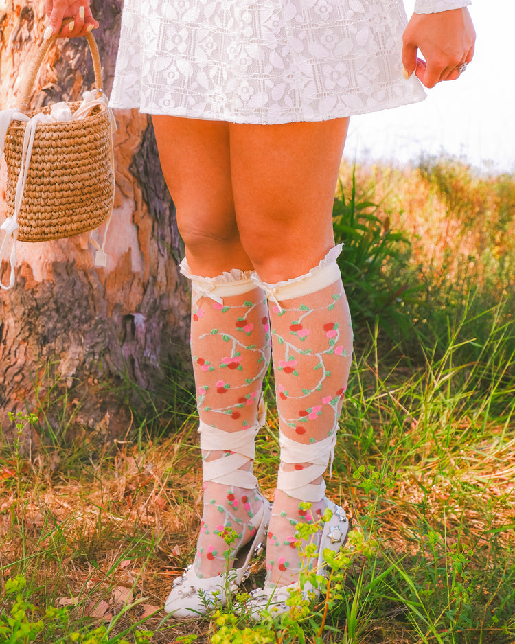 Sock Candy Sheer Rosettes Ruffle Bow Knee High Sock Sheer Knee Highs Fashion Knee Highs Floral Knee Highs Wedding Knee Highs Wedding Socks Wedding Fashion