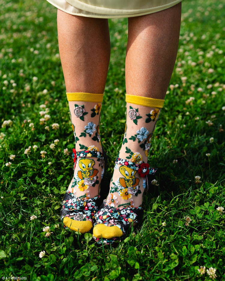 Sock Candy Tweety Floral Sheer Crew Sock Fashion Socks Sheer Socks Cute Socks Looney Tunes Socks Tweety Bird Socks Whimsical Socks Socks with heels