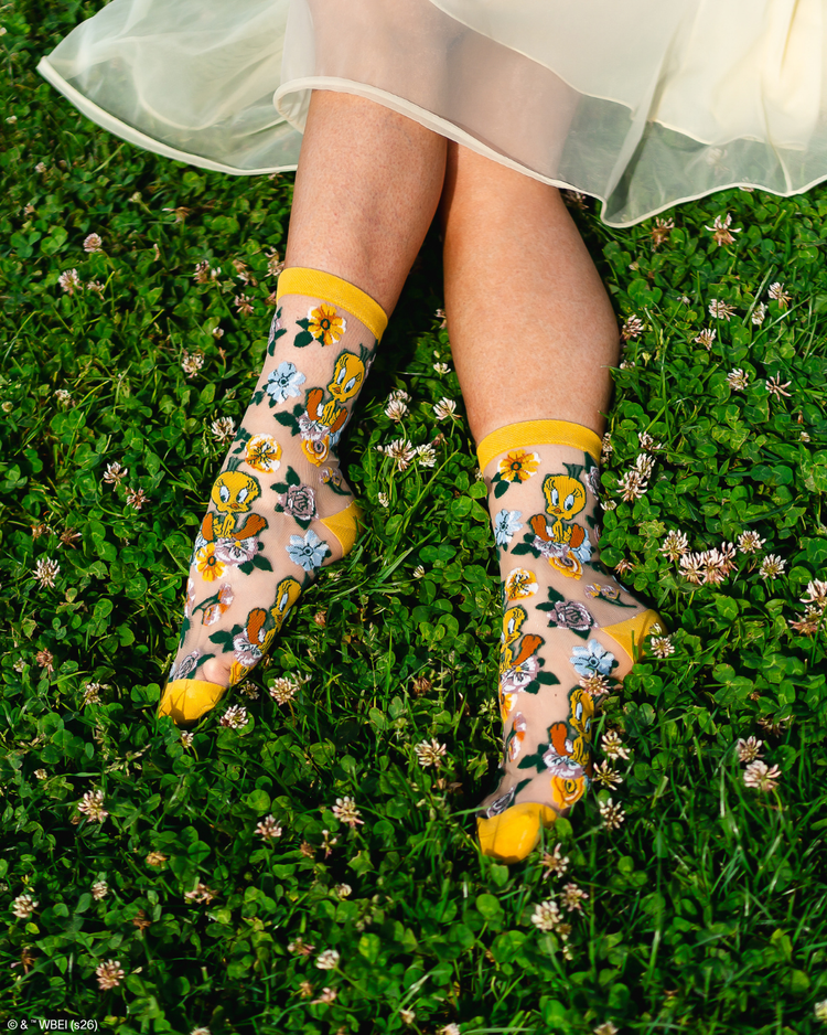 Sock Candy Tweety Floral Sheer Crew Sock Fashion Socks Sheer Socks Cute Socks Looney Tunes Socks Tweety Bird Socks Whimsical Socks