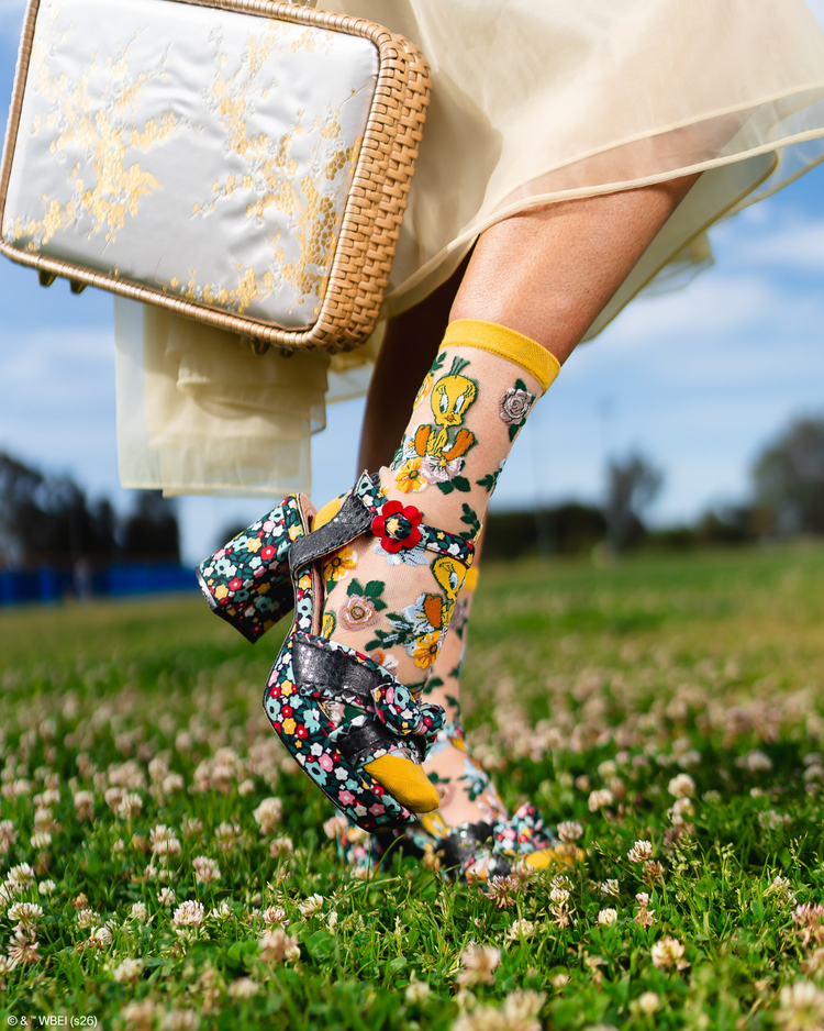 Sock Candy Tweety Floral Sheer Crew Sock Fashion Socks Sheer Socks Cute Socks Looney Tunes Socks Tweety Bird Socks Whimsical Socks Socks with heels