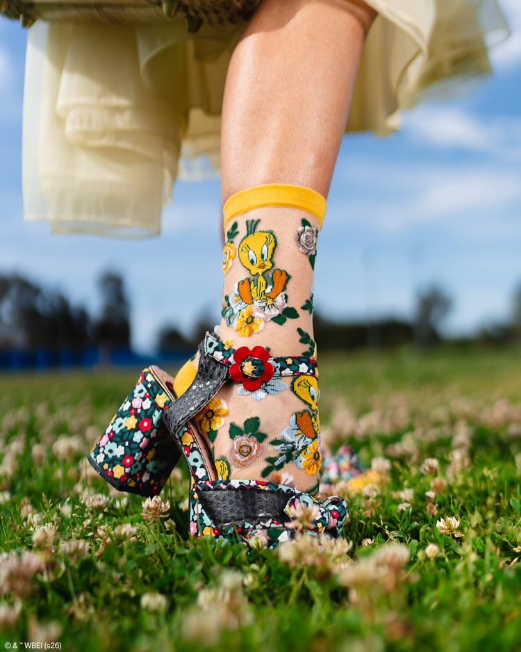Sock Candy Tweety Floral Sheer Crew Sock Fashion Socks Sheer Socks Cute Socks Looney Tunes Socks Tweety Bird Socks Whimsical Socks Socks with heels
