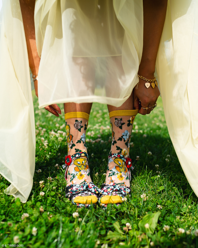 Sock Candy Tweety Floral Sheer Crew Sock Fashion Socks Sheer Socks Cute Socks Looney Tunes Socks Tweety Bird Socks Whimsical Socks Socks with heels