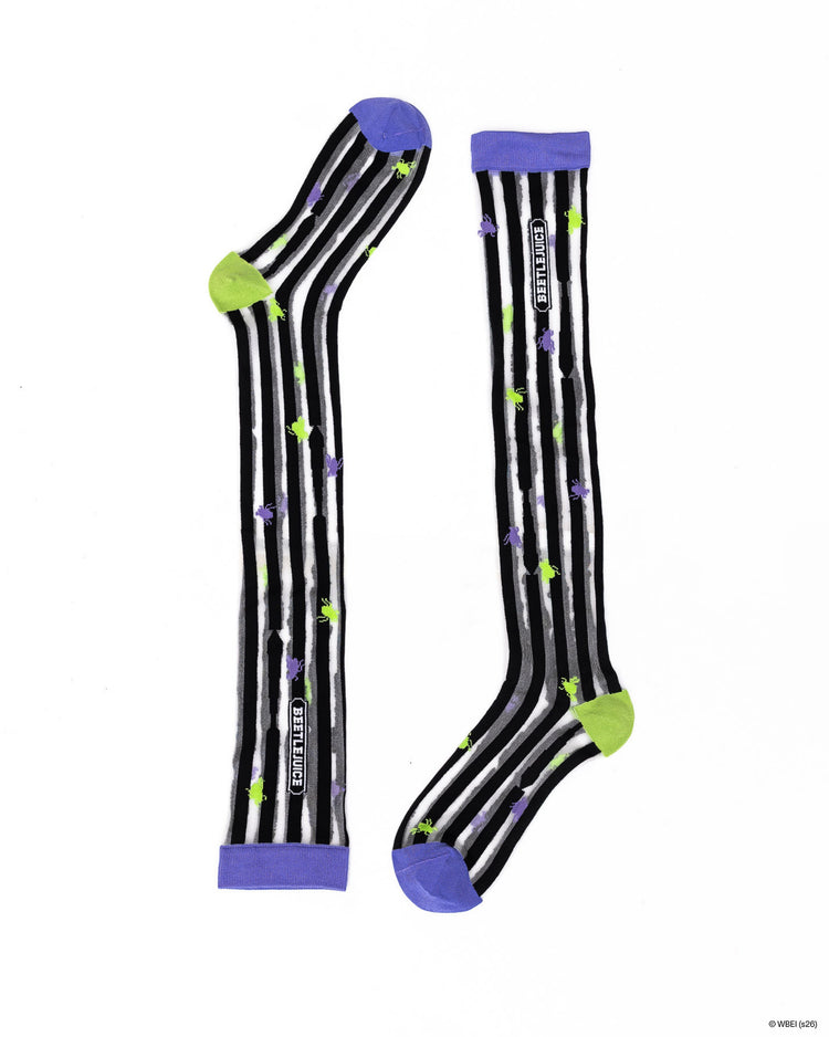 Sock Candy Beetlejuice™ Striped Knee High Sheer Sock Sheer Knee Highs Fashion Socks Striped Knee Highs Beetlejuice Socks Beetlejuice Knee Highs Halloween Socks