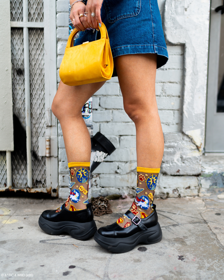 Sock Candy Supergirl Krypto Black Sheer Crew Sock Sheer socks Fashion socks Supergirl socks Krypto socks DC Comic socks