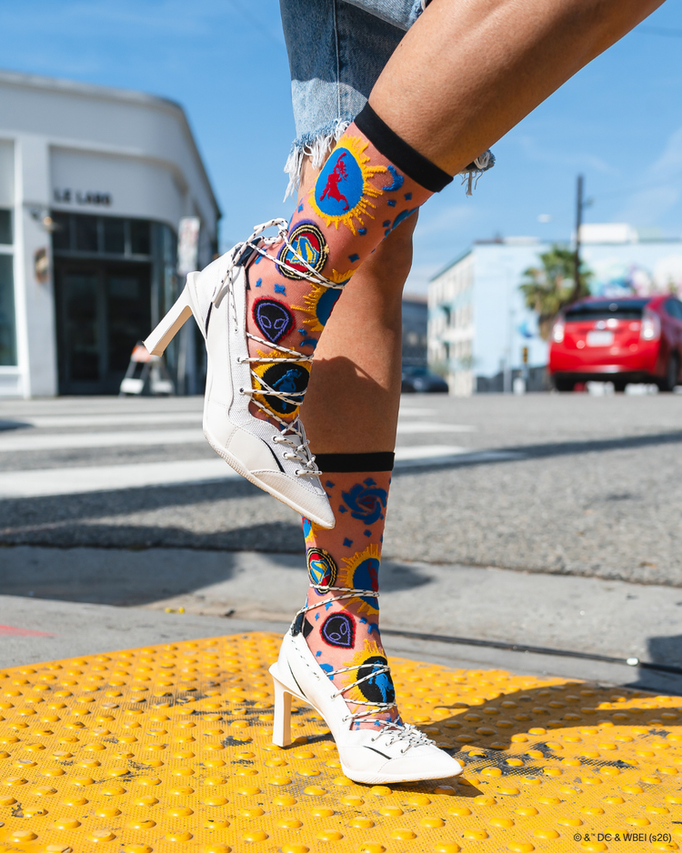 Sock Candy Supergirl Silhouette Shimmer Sheer Crew Sock Sheer socks Fashion socks Supergirl socks DC Comics socks Socks with heels