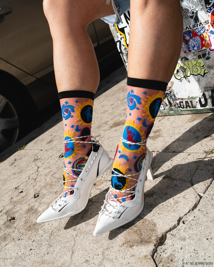 Sock Candy Supergirl Silhouette Shimmer Sheer Crew Sock Sheer socks Fashion socks Supergirl socks DC Comics socks Socks with heels