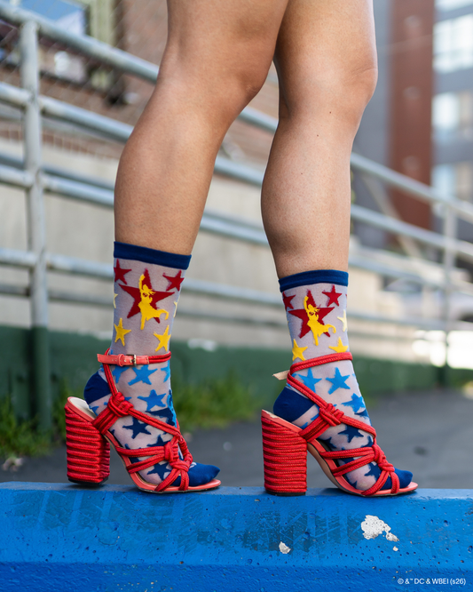 Sock Candy Supergirl Star Shimmer Sheer Crew Sock Sheer socks Fashion socks Star socks Supergirl socks Socks with heels DC Comics socks